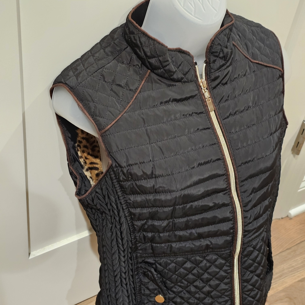 Louise Paris Quilted Puffer Vest Small Leopard Lined Equestrian Chic